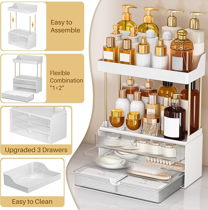 caktraie 2 Sets 5 Tier Acrylic Makeup & Bathroom Vanity Organizer | 2 Set Clear, 3 drawers 2 open shelves, dustproof, wipe clean, for large skincare, perfumes, lipsticks, dresser, counter