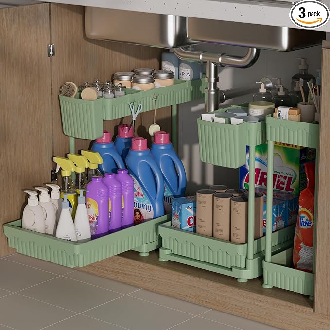 Sevenblue 3-Pack 2-Tier L-Shaped Under Sink Organizers with Sliding Drawers | Multi-use kitchen & bathroom storage, 14.85 inch green cabinet organizer, space-saving sliding drawer design.