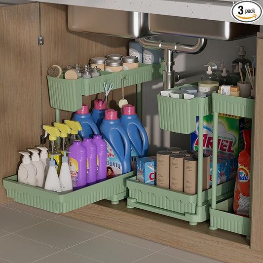Sevenblue 3-Pack 2-Tier L-Shaped Under Sink Organizers with Sliding Drawers | Multi-use kitchen & bathroom storage, 14.85 inch green cabinet organizer, space-saving sliding drawer design.