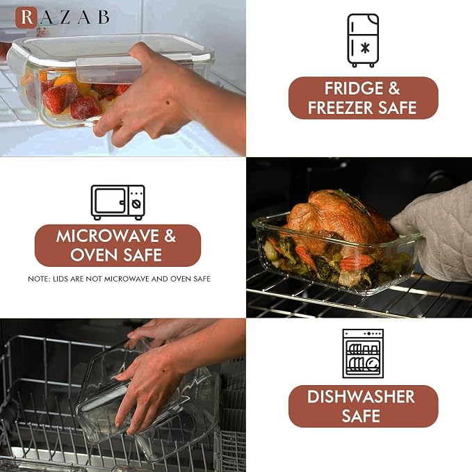 Razab 4 PC 1860ml / 63 Oz / 8 Cups Large Glass Food Storage Containers with Lids - Glass Meal Prep Containers for Roasting & Storing Leftover, Lunch Container with Lids, Microwave & Oven Safe