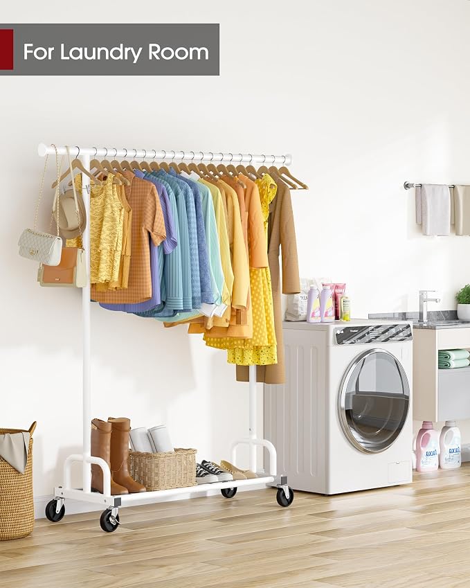 Sakugi Clothes Rack - Large-Capacity Clothing Racks for Hanging Clothes with Lockable Wheels, Space-Saving Metal Coat Rack for Bedroom, Laundry Room, Entryway, 45.6" x 16.9" x 59", White
