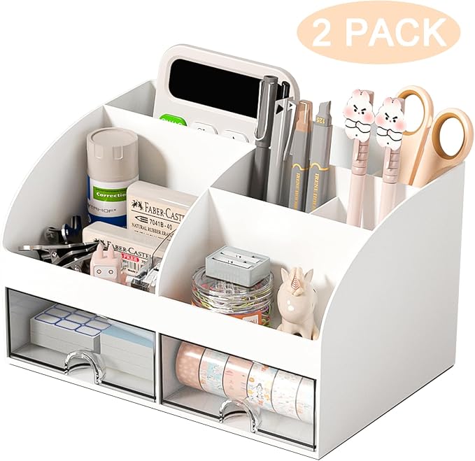 COMFYROOM Desk Organizer with 6 Compartments and 2 Drawers, Plastic Makeup Organizer, Pen Holder for Desktop Storage, Desk Organization for School, Home, Office Supplies (White-2Pack)