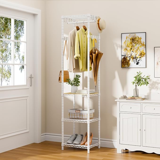 R1 Heavy Duty Clothes Rack with Storage Shelves, 448 Lbs Load, White | Heavy-duty freestanding clothes rack supports up to 448 lbs for hanging garments and daily supplies