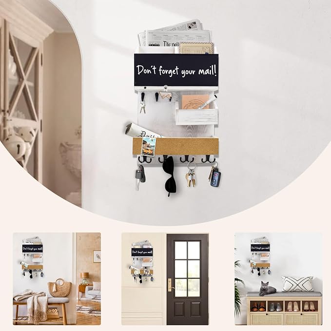 Mail Organizer Wall Mount，Key Holder Mail and Key Organizer for Wall with Shelf, Chalkboard, Corkboard, Home Decor for Room Office Entryway(Ivory White)