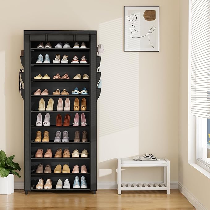 VTRIN Vertical Narrow Shoe Rack Organizer Tall Shoe Rack for Closet Entryway 10 Tier Non-Woven Cover Shoe Shelf Holds 36-41 Pairs Free Standing Shoe Storage Cabinet with Dustproof Cover, Black
