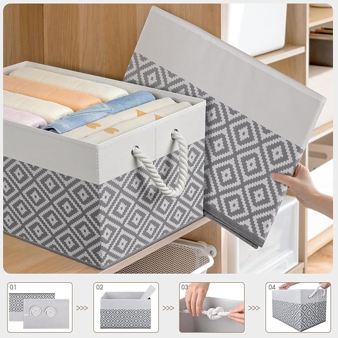 StorageTastic Storage Bins, 3-Pack Large Storage Box | with Rope Handles, Collapsible Storage Basket for Organizing Books, Clothes, Rhombic Grey