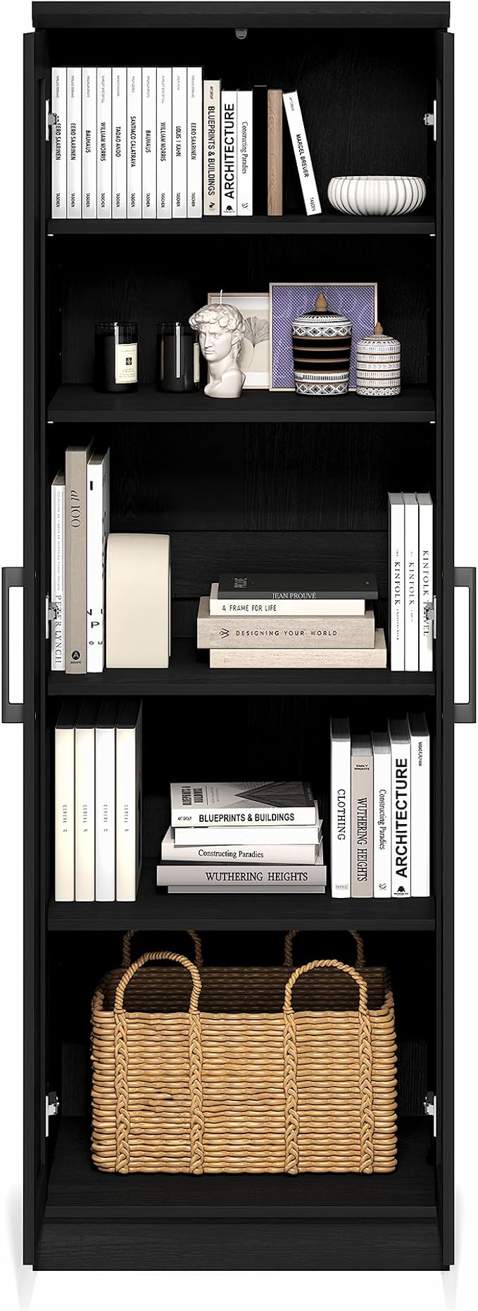 Furinno Robin Storage Cabinet, 5-Tier Pantry Cabinet with Adjustable Shelves, 23W with 2 Shaker-Doors, Kitchen Cabinet, Organization and Storage, for Pantry, Living Room, Home Office, Black Woodgrain