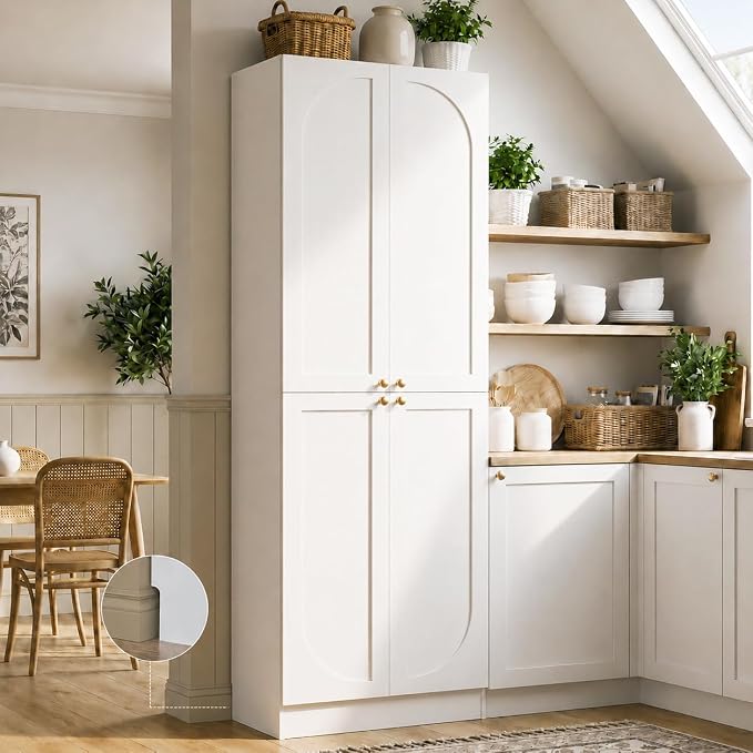 Cyclysio 80" Kitchen Pantry, Extra Tall Arch Storage Cabinet with 4 Soft Close Doors and Adjustable Shelves, Freestanding Wood Cupboard with Seamless Fit Wall for Dining Living Room Bathroom Furniture
