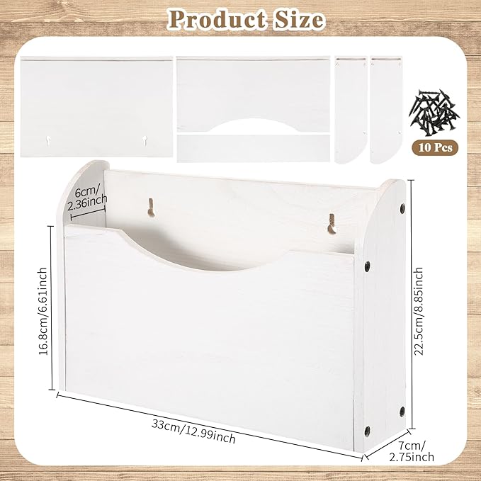 Suzile Wall Mounted File Holder Wood Magazine Holder Wall Hanging File Organizer for Office Mail Magazine Letter Paper Folder Organization (Pure White)