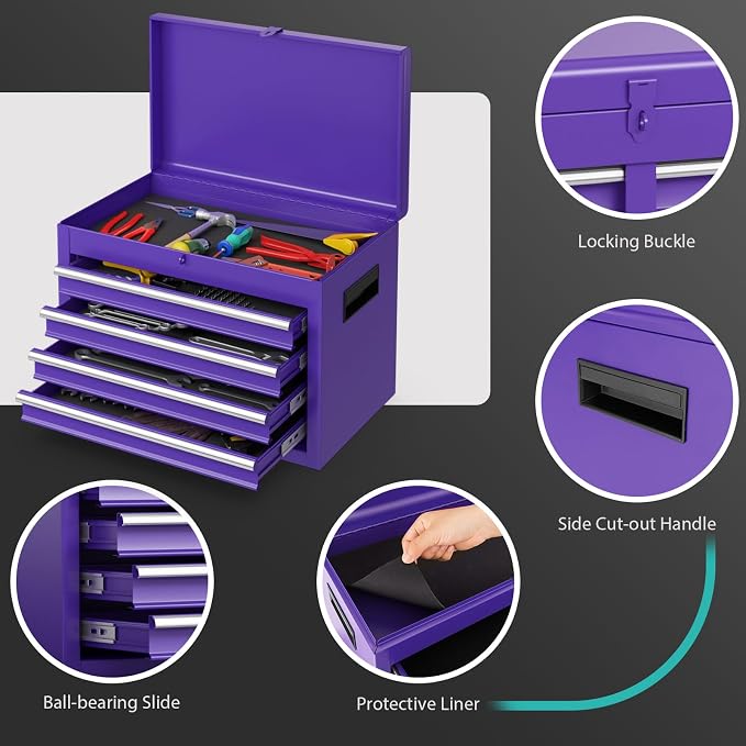 Goplus Purple Tool Chest, 5 Drawers Rolling Tool Cabinet w/Detachable Top Toolbox, Universal Lockable Wheels,Lock Bar,Protective Liner,Tool Rack, Metal Tool Storage Cart, Tool Box for Garage Workshop