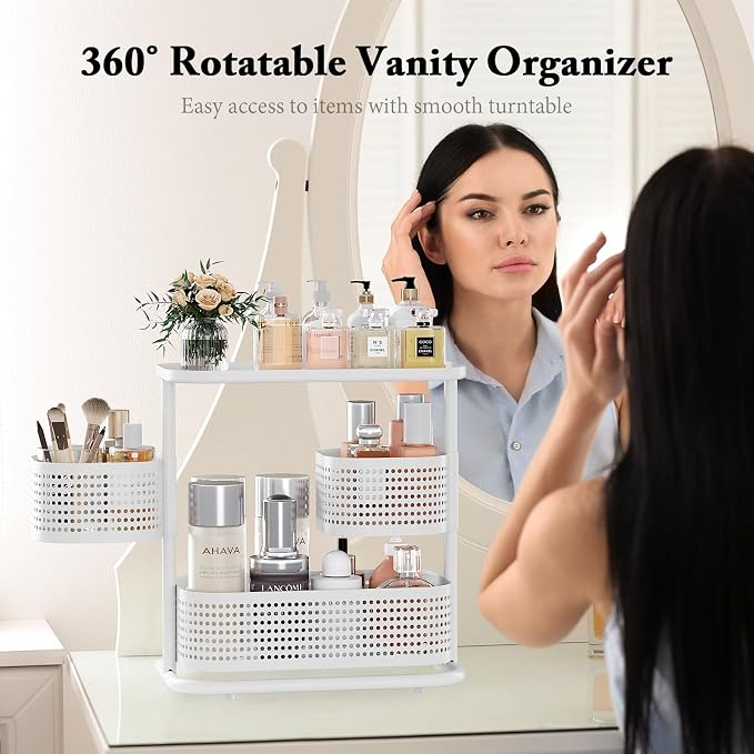 KINGRACK Metal Bathroom Counter Organizer，Rotating Countertop Storage Shelf | 3 Tier, Vanity Tray for Makeup & Skincare, Space-Saving Shelf for Bathroom, Kitchen, Baby Bottle Station, White