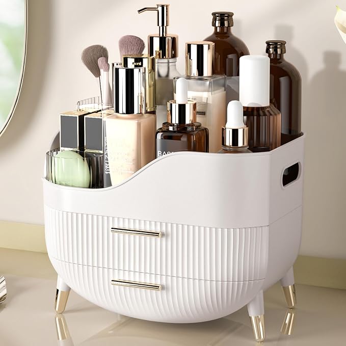 Makeup Organizer for Vanity, Large Capacity Skincare Organizer Countertop | Cosmetics Organizer with 2 Drawes, Cosmetic Display Cases Makeup Storage Box for Bedroom, Bathroom, Gifts for Women(White)