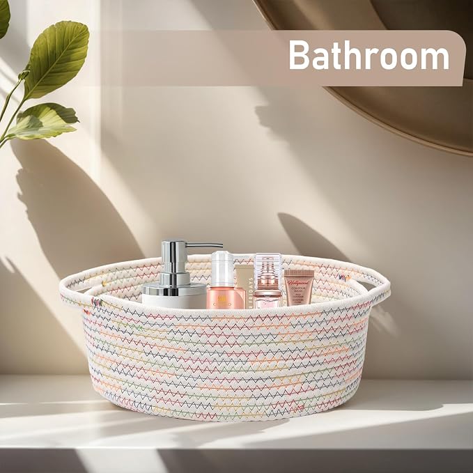 JMvicyroam Small Woven Basket, Empty Gift Basket, Colorful/2 Pack | Small Gift Basket, Cotton Rope, 12 x 8 x 49 in, Handles, Includes Ribbon and Bag, Birthday Gift Basket