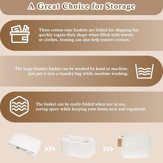 Goodpick Small Woven Rope Storage Basket for Shelves, White | 13 × 10 × 9 in, Rectangle, Handles, Shelf & Nursery Organization, Toys, Books, Towels & Daily Essentials Storage