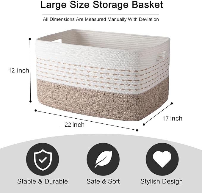 OIAHOM 75L Extra Large Blanket Basket, 22”x17”x15” Rectangle Woven Cotton Rope Baskets for Living Room, Toy Storage with Handle- Gradient Light Brown