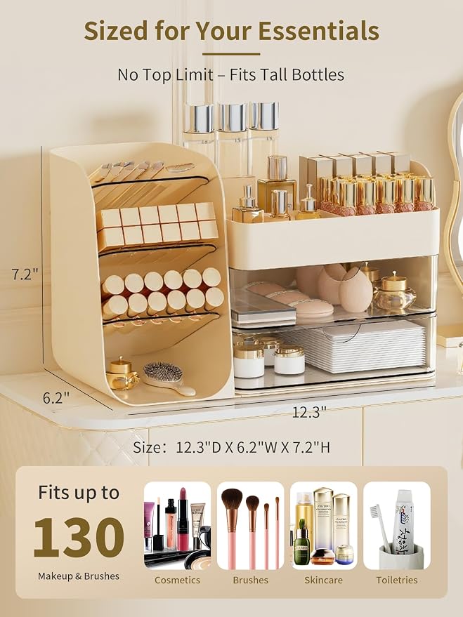 Booklov Small Makeup Organizer for Vanity Countertop, Cream | Clear Acrylic Cosmetic Display Case, Beauty Brush Holder for Bathroom Counter, Make Up Skincare Lipsticks Storage