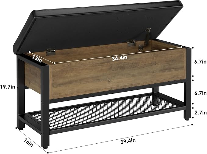 HOSTACK 40" W Storage Bench, Entryway Shoe Bench with Cushion, Rustic Brown | Wood Metal Bench with Flip-Open Hidden Storage, Ottoman Bench with Padded Seat & Shoe Rack for Hallway, Bedroom, Living Room