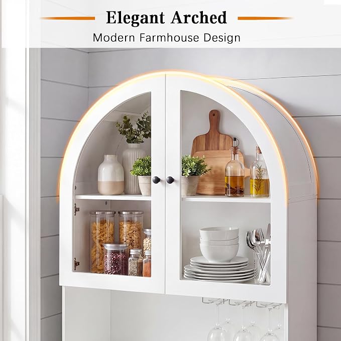 Merax 75" Tall Bookcase,Arched Pantry Cabinet with Adjustable Shelves | Farmhouse Bookshelf Coffee Bar with Charging Station Open Countertop for Office,Kitchen,Dining Room,Living Room,White