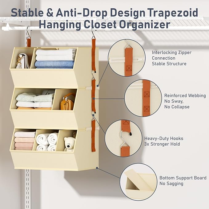 Hanging Closet Organizer Extra Large, Clothes Hanging Shelves for Closet with Divider, Collapsible Closet Storage System, Fabric Closet Hanging Organizer for Home, Dorm, Rv, ,Handbags, Underwear, Sock