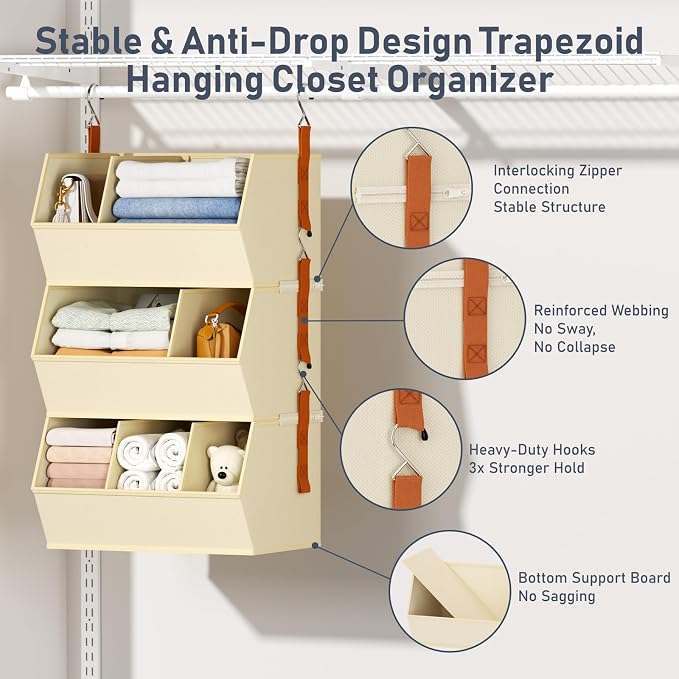 Hanging Closet Organizer Extra Large, Clothes Hanging Shelves for Closet with Divider, Collapsible Closet Storage System, Fabric Storage Bins for Home, Dorm, Rv, Sweaters, Handbags, Underwear, Sock