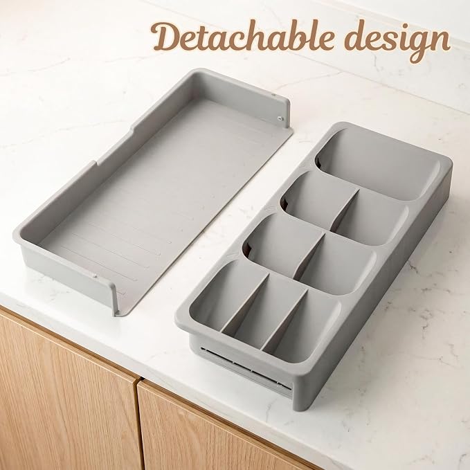 Expandable Silverware Organizer Tray, Adjustable Utensil Holder | Expandable drawer tray with divided compartments for cutlery, utensils, kitchen gadgets, office supplies and craft tools