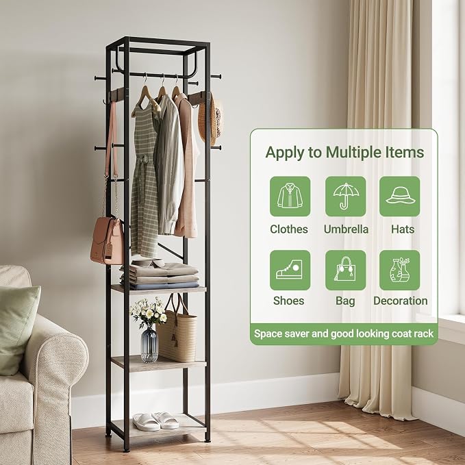 Coat Rack Freestanding, Hall Tree with 3 Shelves and 12 Hooks, Greige | Industrial Metal Frame, Space-Saving Design, Clothes Rack Stand Organizer for Bedroom, Hallway, Entryway, Office, Living Room