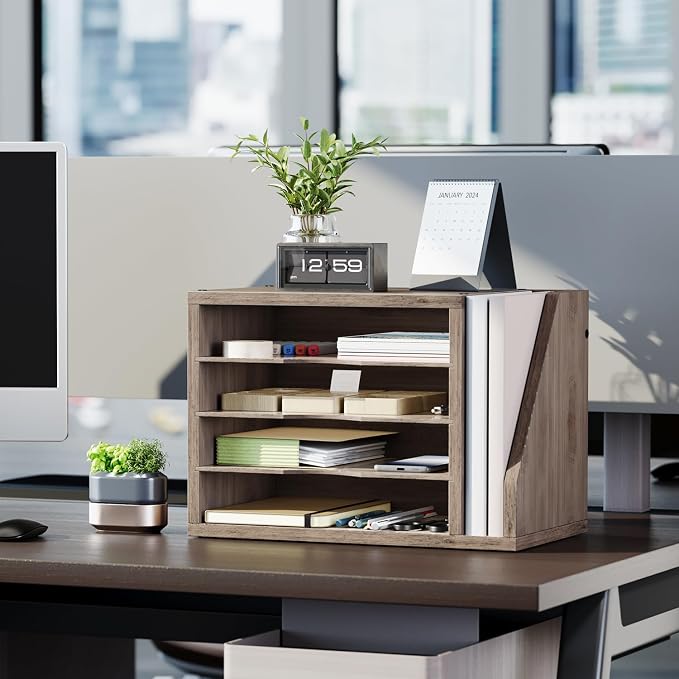 Wooden Mail Organizer, Desk Organizer with 3 Adjustable Shelves | Mail Sorter, File Organizer Desktop, Mail Holder for Home Office, Letter Sorter for Envelopes, Bills, Magazines, Greige