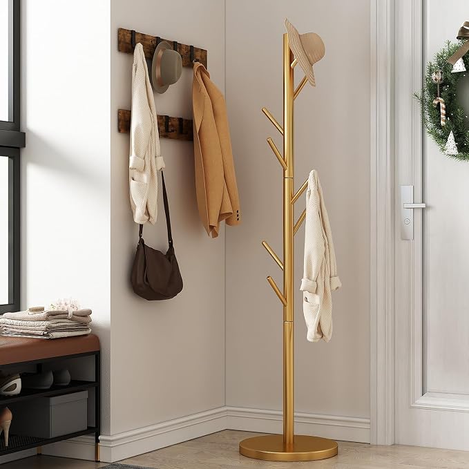 Coat Rack Freestanding Metal Coat Rack Stand with 8 Hooks,Gold | Sturdy Heavy Duty Modern Coats Tree for Bags Clothes Hall Tree Hats Hanger Holder Stand for Entryway Bedroom Hallway Office