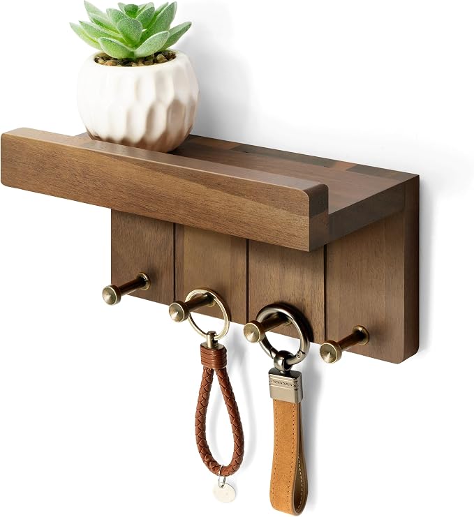 Rebee Vision Acacia Wood Key Holder Wall Mount for Room Decor, Brown | Small Key Holder for Wall, 4 Key Hooks, Shelf, Plant Display, Home Essentials, Home Decor, Compact Entryway Storage