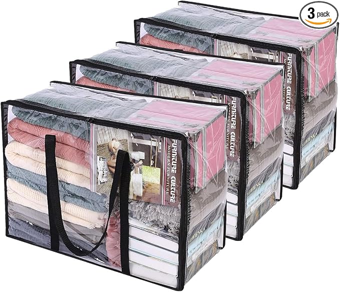 3 Pack Clear Storage Bags for Clothes Blanket Comforter & Bedding | 40L Plastic Storage Bag with Zipper, Foldable Closet Organizer, Moving Bags, Under-Bed Storage