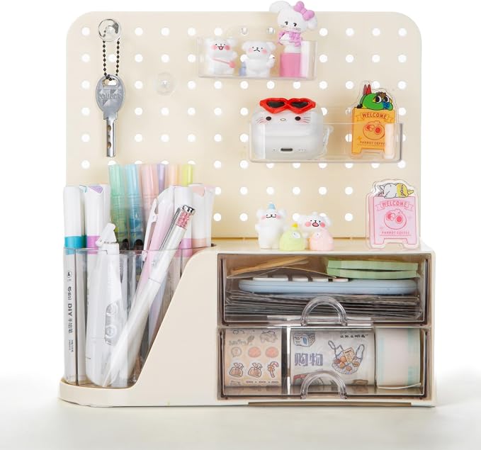 Comix Desk Organizer with 2 Drawer, Beige 360° Rotating Pen Holder for Desk | Desk Organizers and Accessories with 5 Slots Pencil Holder+Pegboard+Drawer, Pen Organizer for Home School Art Office Supplies
