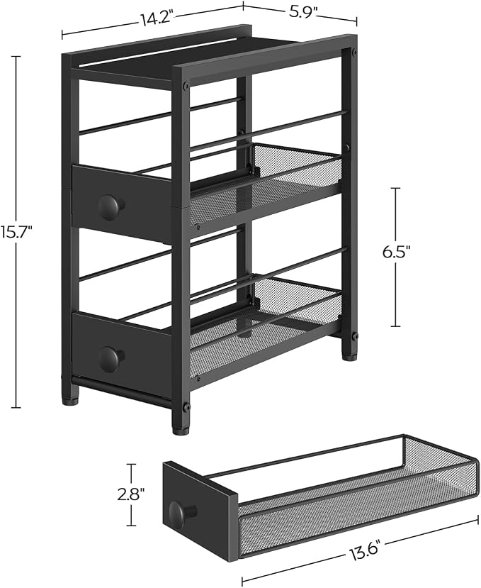 Spice Rack, 3-Tier Pull Out Spice Rack Organizer for Countertop, Narrow Kitchen Countertop Storage Shelf with 2 Drawers, for Kitchen, Cafe, Black SR02BB