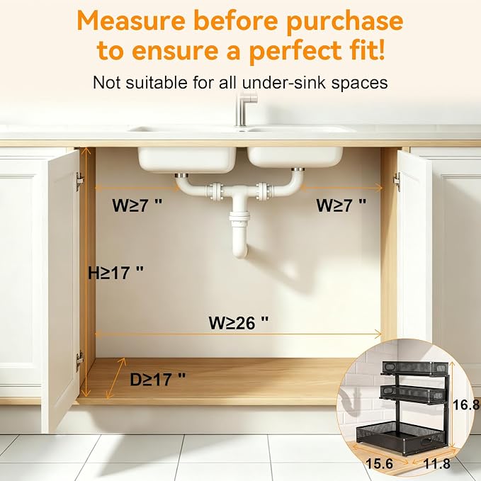 3 Tier Adjustable Under Sink Organizer for Bathroom & Kitchen(2Pack, Black) | 35% More Storage, 5 Adjustable Heights, Sliding Pull Out,No Sliding, Heavy-Duty Steel Frame, Multi-Purpose Cabinet Organizer