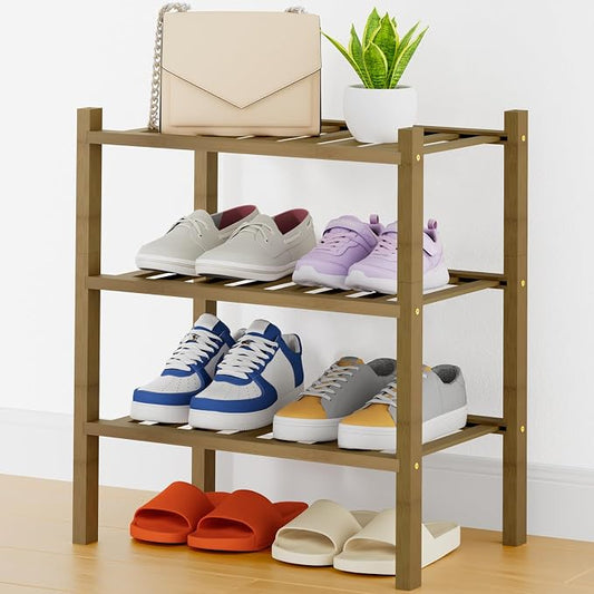 Smiry Bamboo Shoe Rack, 14 Vertical Slats, 3 Tier - 17.3" Wide, Walnut | Stackable Free Standing Wooden Shoe Organizer, Wood Shoe Storage Shelf for Closet, Entryway, Thicher Leg