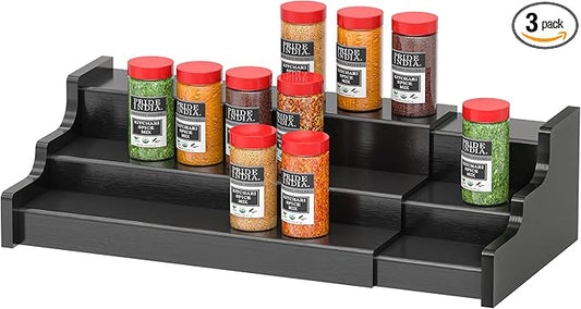 Spice Rack Organizer For Cabinet - 3 Tier Black Bamboo Wooden Expandable Display Shelf from 12.70 to 22.20 inch