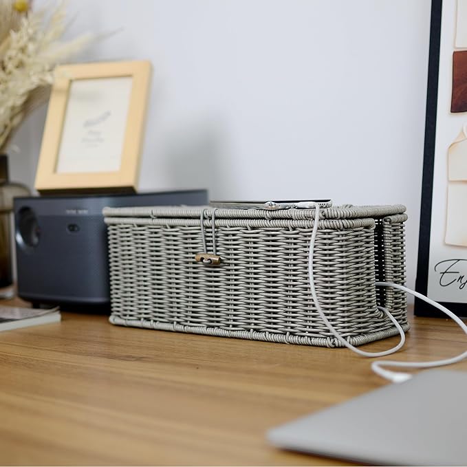 BROWNLILY Cable Management Box, Rattan Style Cord Organizer for Desk Cord Hider Outlet Covers for Power Strip TV PC Router Charger Under Desk Storage with Lockable Lid and Cable Ties