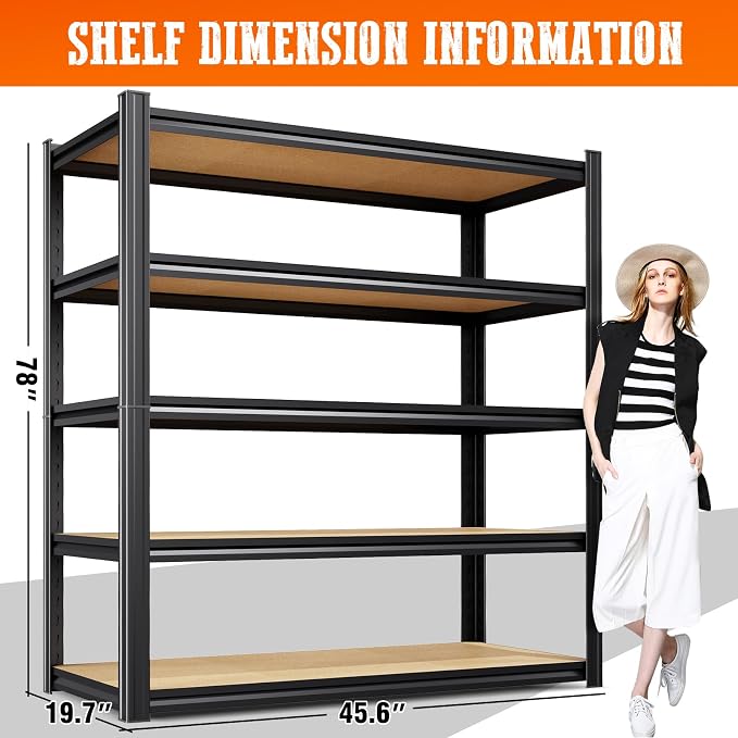 5 Pack Garage Shelving Heavy Duty 5T Storage Shelves, Metal Adjustable Shelving Unit, Utility Garage Organizer Shelf for Basement, Pantry, Kitchen, Warehouse, 78" Hx45.6 Wx19.7 D, Black