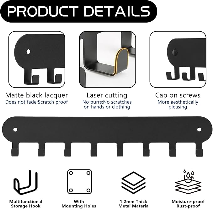 2 Pack Key Holder for Wall,Key Hooks with 8 Hooks, Black | Key Rack for Wall No Drill for Living Room, Kitchen, Bathroom, Garage