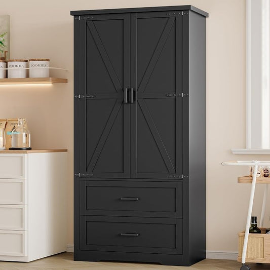 BORNOON Pantry Organizers and Storage Cabinet, 71” Barn Door White Kitchen Cabinet with Drawers and Adjustable Shelf, Tall Pantry for Kitchen, Dining Room, Living Room. Bathroom and Office