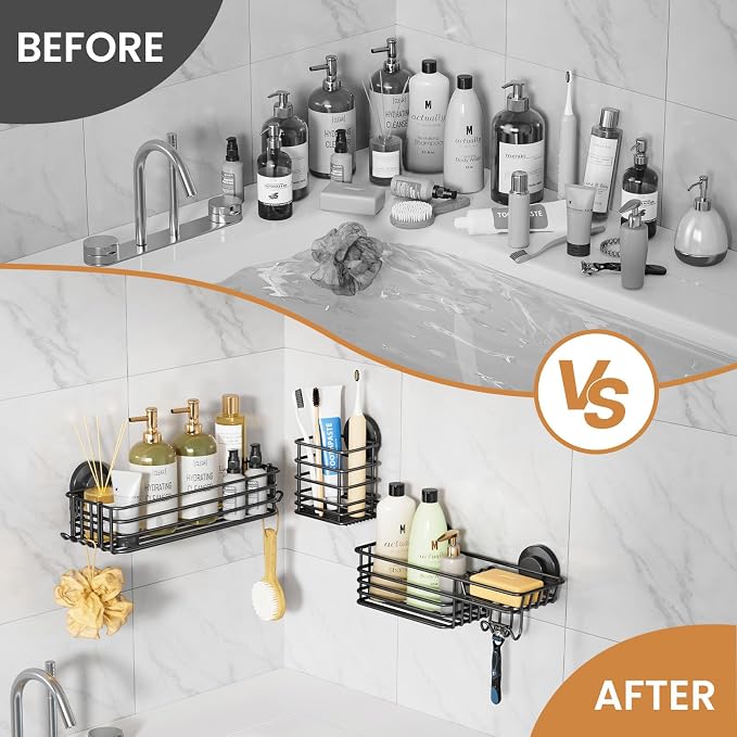LEVERLOC Shower Caddy Suction Cup, Bathroom Organizer for Inside Shower | Black Bathroom Organizer With Hook, Rustproof Shower Holder Storage, 3 Pack Shower Caddies, Heavy Duty Shower Basket
