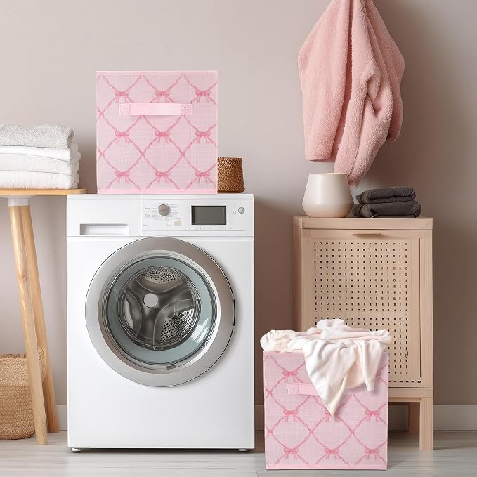 6 Pcs Light Pink Bow Cube Storage Bins 11 Inch Storage Basket with Handle, Preppy Girls Organizer Basket, Collapsible Fabric Box for Classroom Bedrooms Office Home Decoration Gift