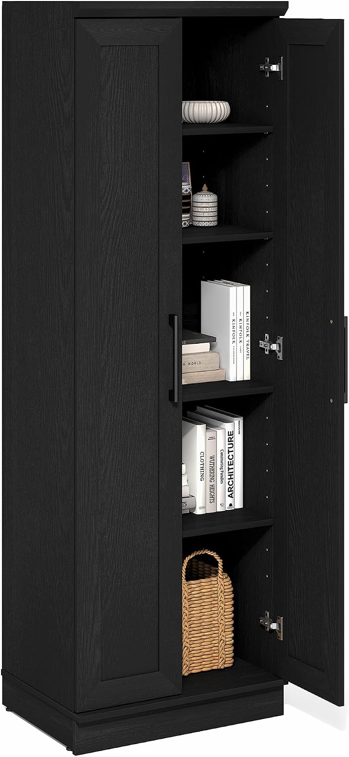 Furinno Robin Storage Cabinet, 5-Tier Pantry Cabinet with Adjustable Shelves, 23W with 2 Shaker-Doors, Kitchen Cabinet, Organization and Storage, for Pantry, Living Room, Home Office, Black Woodgrain