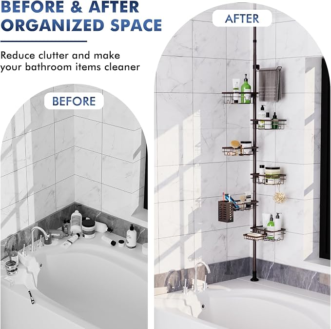 Corner Shower Caddy Tension Pole, Bathroom Organizer and Storage for Shower | Adjustable 30-120 Inch Shelves, 6-Tier Shelf, Rustproof Towel Bar & Soap Dish &Toothbrush Holder Shower Rack