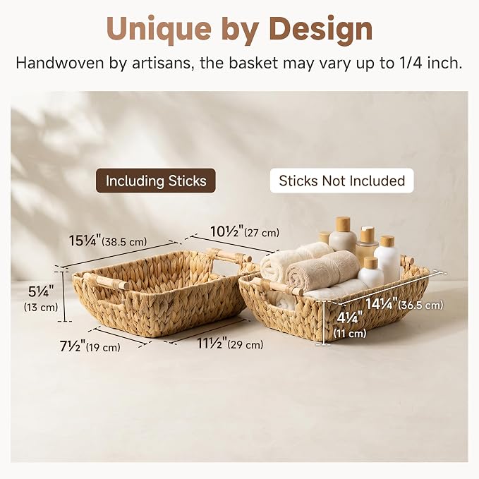 StorageWorks Hand-Woven Large Storage Baskets with Wooden Handles, Water Hyacinth Wicker Baskets for Organizing, 2-Pack