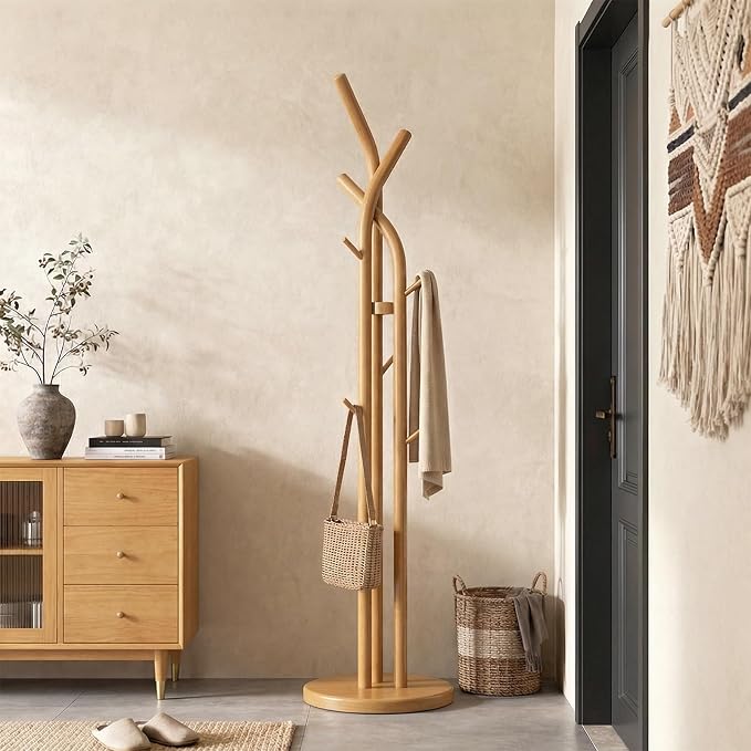 Solid Wood Coat Rack Freestanding Wood Coat Tree Rack with 9 Hooks, Creative Tree-Shaped Design, Standing Coat Rack Clothes Hanger Stand with Sturdy Base for Entryway, Bedroom - Load 150lb (Natural)