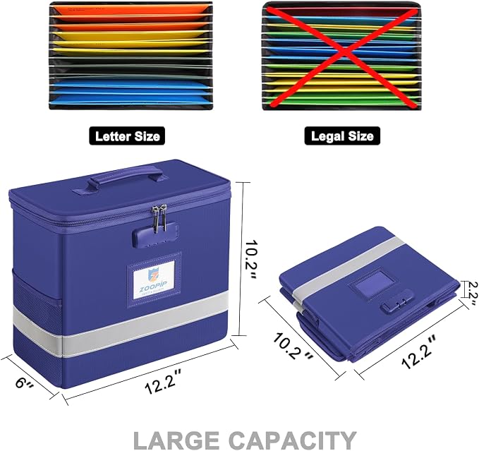 Fireproof File Box with Lock, Collapsible Document Organizer, Blue | Suitable for Hanging Folders in Letter Size, Reflective Strip for Fast Find, Home Office Safe Protection,12.2"x6"x10.2"