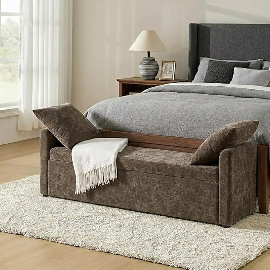 HULALA HOME 59" Storage Bench with 2 Throw Pillows & Armrests, Taupe | Modern Long Bedroom Bench for End of Bed, Comfy Upholstered Fabric Footstool for Entryway Living Room
