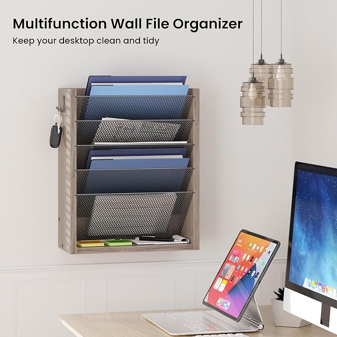 Mail Organizer Wall Mounted, 6-Slot Hanging File Organizer with Key Holder | Mail Sorter, Wood Letter Holder for Envelopes Bills Magazine Folders Papers Accessories for Home Office, Greige