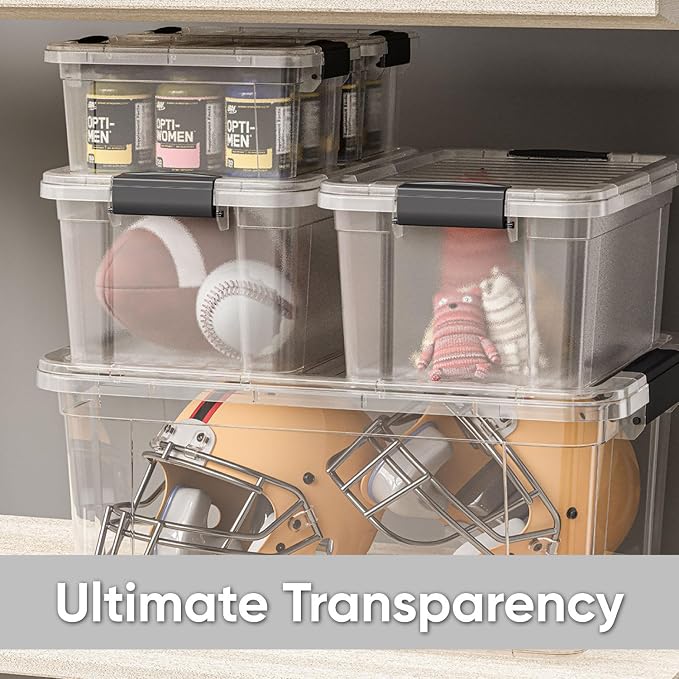 Superio Storage Bins with Lids- 4 Pack, 6.6 Qt Clear Boxes for Organizing, Stackable Plastic Containers- BPA Free, Non-Toxic, Odor Free, Organizer for Home, Office, Dorm