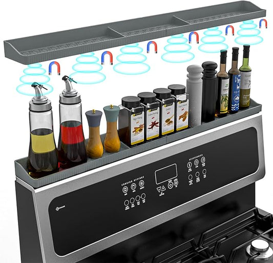 Magnetic Stove Shelf for Back of Stove, 30 Inch Silicone Stove Top Spice Rack for Kitchen Organization, Heat Resistant Over the Stove Shelf with 6 Powerful Magnets, Fits Flat & Curved Stoves- Grey